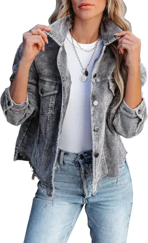Womens Cropped Corduroy Jacket Casual Button Down Shacket Coat Fringe with Frayed Hem