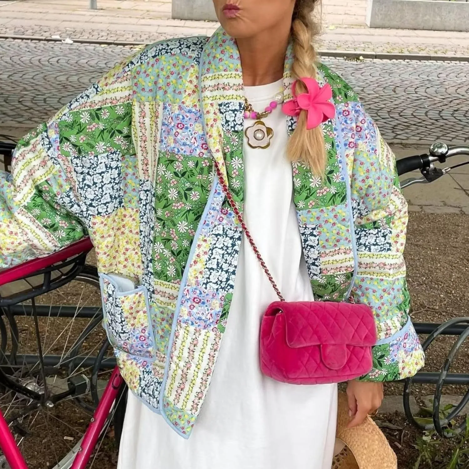 Womens Cropped Quilted Lightweight Jackets Floral Printed Open Front Puffer Coat Cardigan