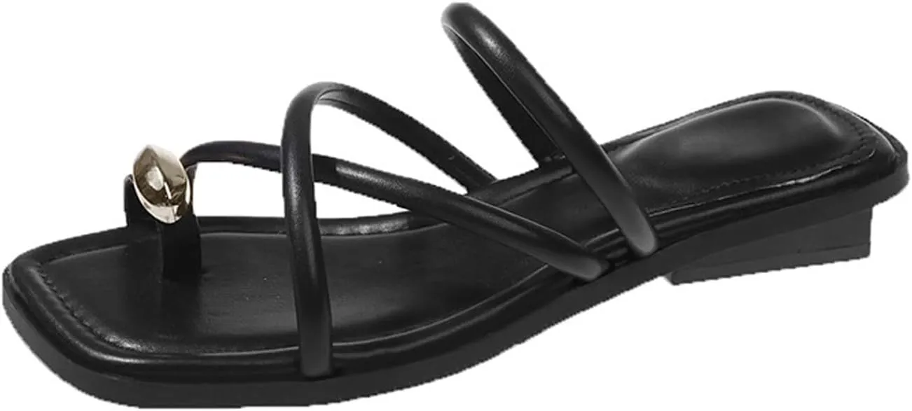 Women's Fashion Leather Strappy Metal Decoration Toe Ring Slippers Square Open Toe Slip-On Flat Clip Toe Sandals Slides Summer Casual Beach Walking Slides