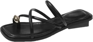 Women's Fashion Leather Strappy Metal Decoration Toe Ring Slippers Square Open Toe Slip-On Flat Clip Toe Sandals Slides Summer Casual Beach Walking Slides