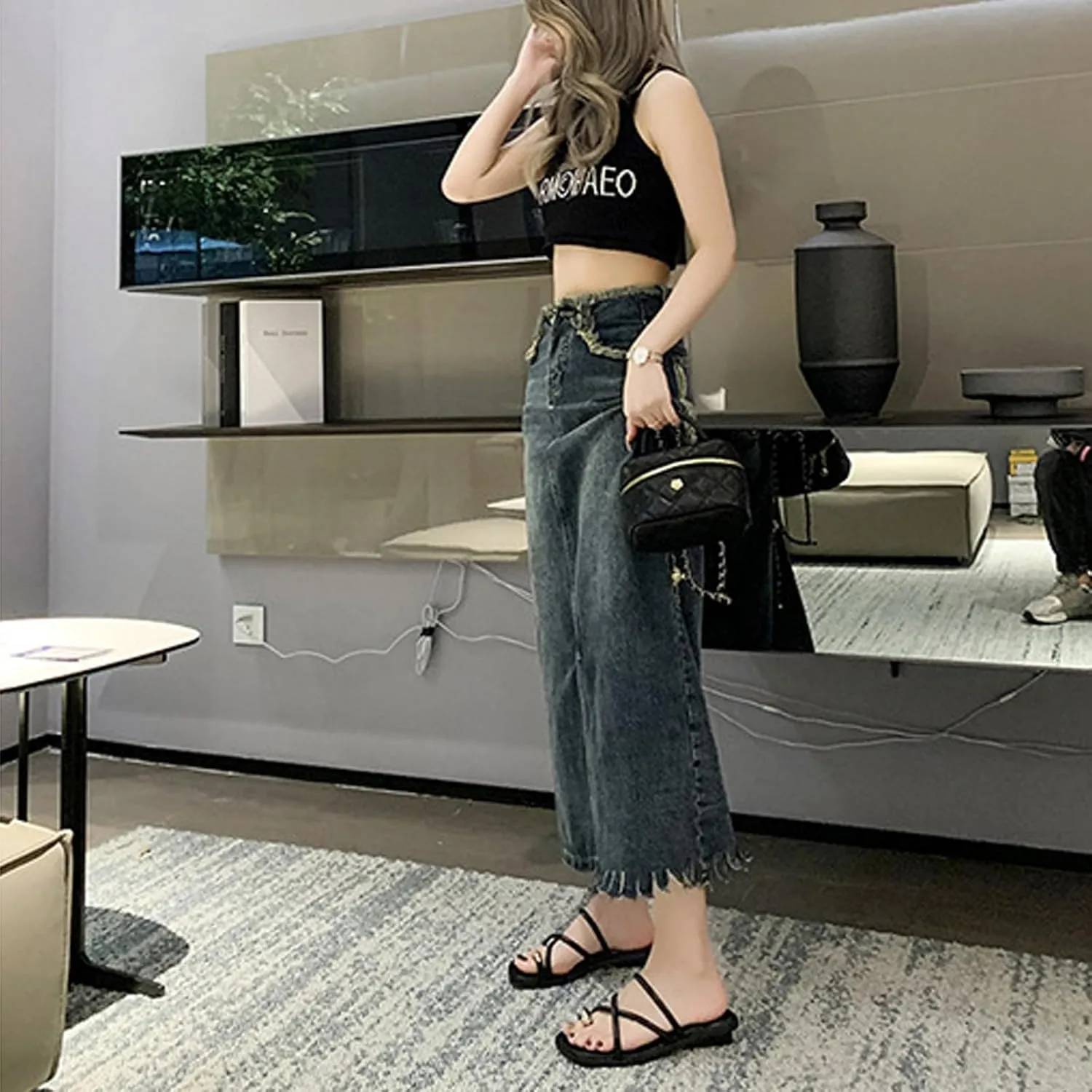 Women's Fashion Leather Strappy Metal Decoration Toe Ring Slippers Square Open Toe Slip-On Flat Clip Toe Sandals Slides Summer Casual Beach Walking Slides
