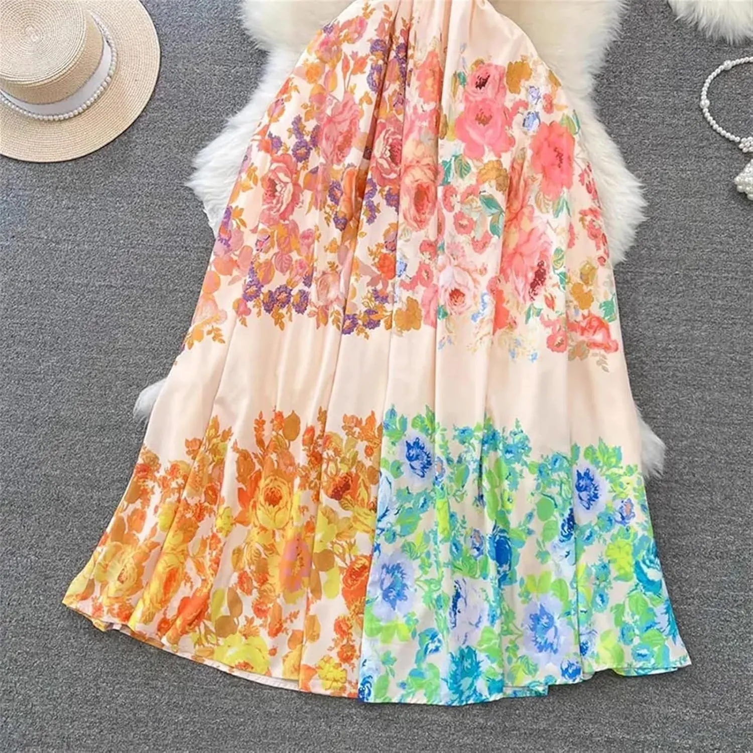 Women's Floral Dresses Summer Print Maxi Dress Elegant V Neck Flying Sleeve Backless Loose Beach Dresses