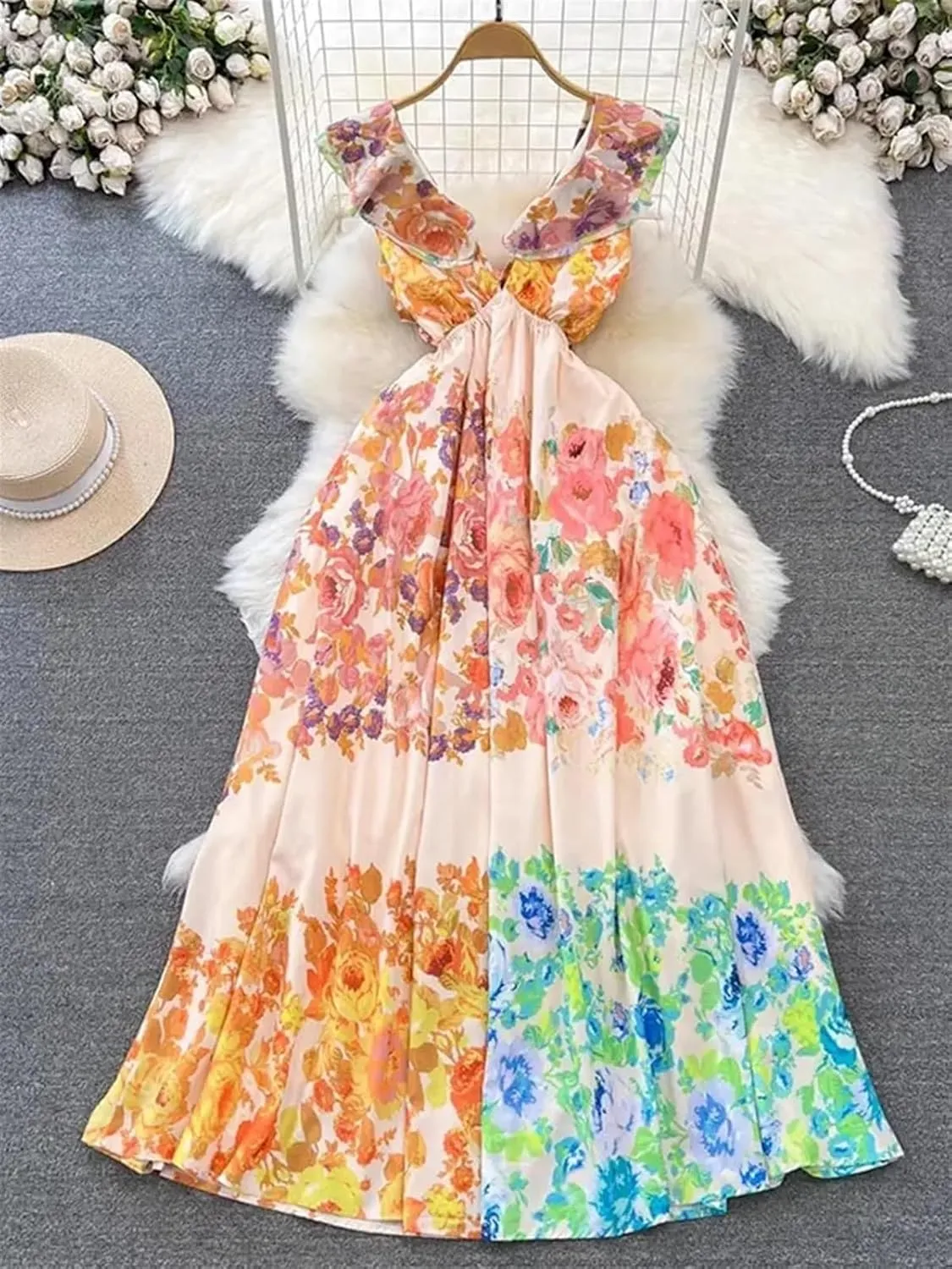 Women's Floral Dresses Summer Print Maxi Dress Elegant V Neck Flying Sleeve Backless Loose Beach Dresses