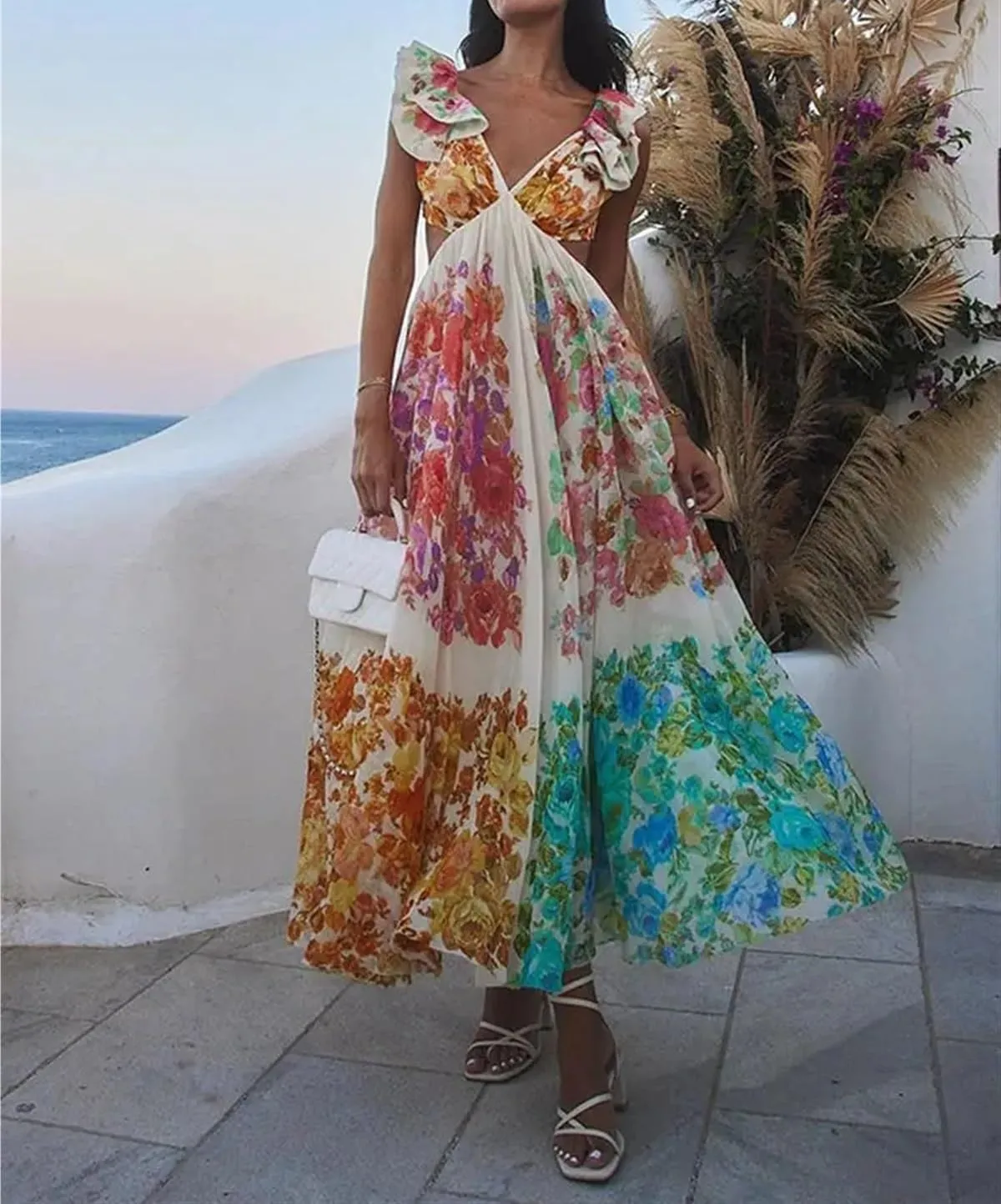 Women's Floral Dresses Summer Print Maxi Dress Elegant V Neck Flying Sleeve Backless Loose Beach Dresses