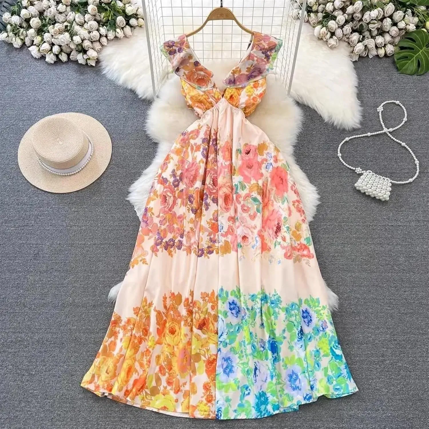 Women's Floral Dresses Summer Print Maxi Dress Elegant V Neck Flying Sleeve Backless Loose Beach Dresses