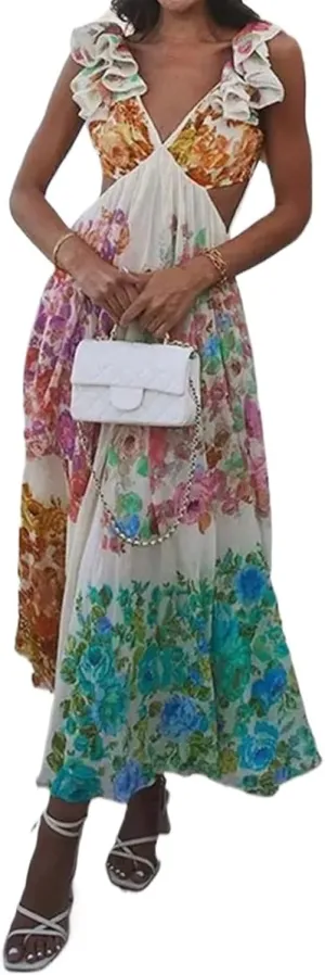 Women's Floral Dresses Summer Print Maxi Dress Elegant V Neck Flying Sleeve Backless Loose Beach Dresses