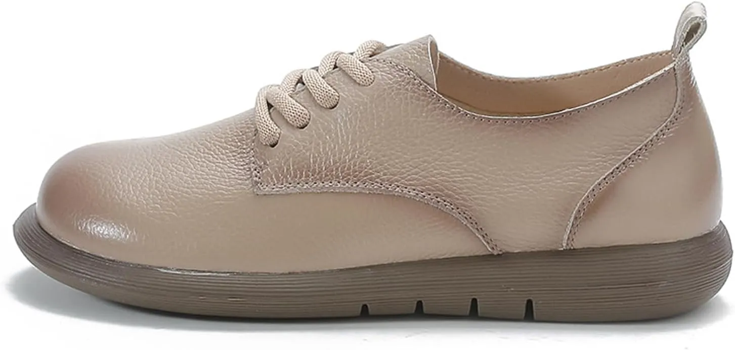 Women's Genuine Leather Lace-Up Soft Sole Oxfords Comfortable Wide Round Toe Slip-On Business Loafers Fashionable Non-Slip Casual Driving Work Mom Walking Shoes