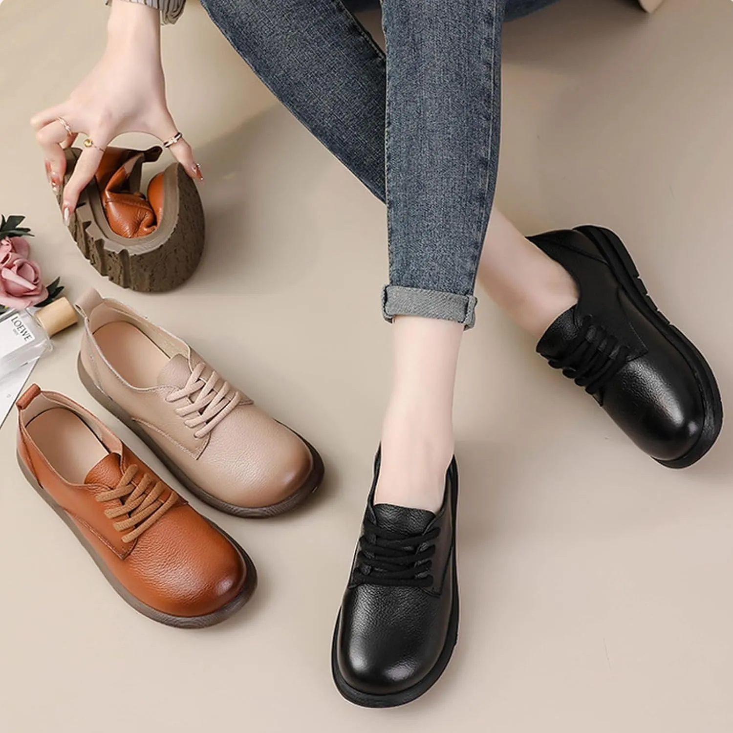 Women's Genuine Leather Lace-Up Soft Sole Oxfords Comfortable Wide Round Toe Slip-On Business Loafers Fashionable Non-Slip Casual Driving Work Mom Walking Shoes