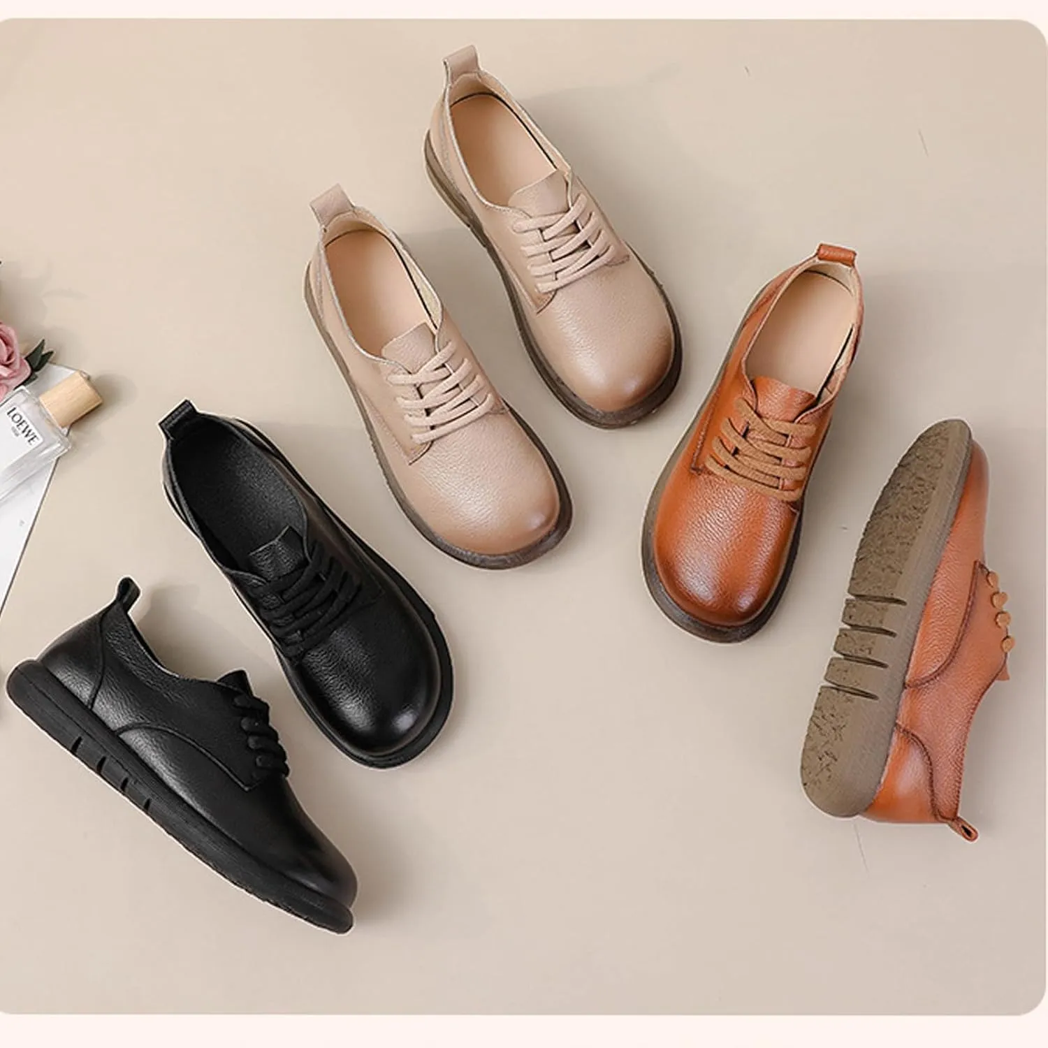 Women's Genuine Leather Lace-Up Soft Sole Oxfords Comfortable Wide Round Toe Slip-On Business Loafers Fashionable Non-Slip Casual Driving Work Mom Walking Shoes