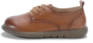 Women's Genuine Leather Lace-Up Soft Sole Oxfords Comfortable Wide Round Toe Slip-On Business Loafers Fashionable Non-Slip Casual Driving Work Mom Walking Shoes