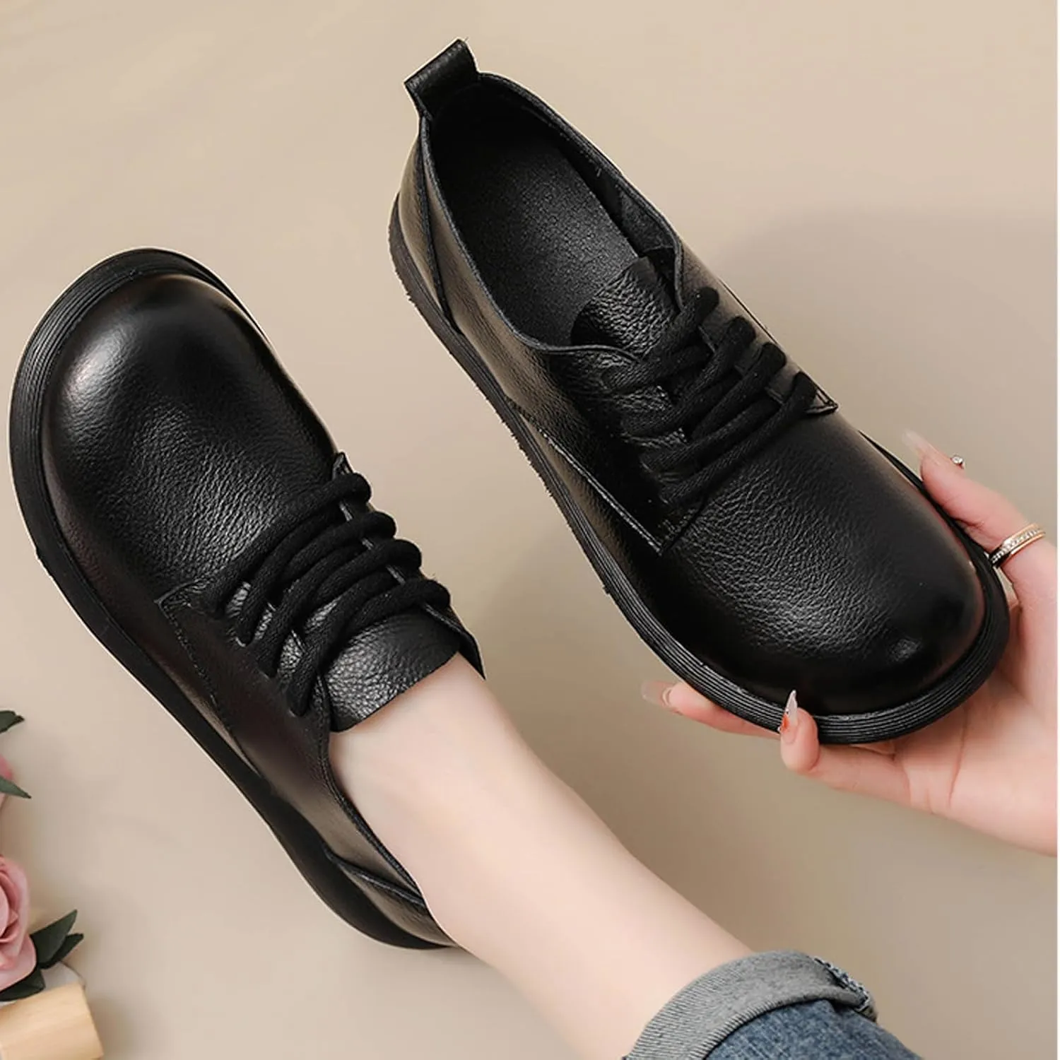 Women's Genuine Leather Lace-Up Soft Sole Oxfords Comfortable Wide Round Toe Slip-On Business Loafers Fashionable Non-Slip Casual Driving Work Mom Walking Shoes