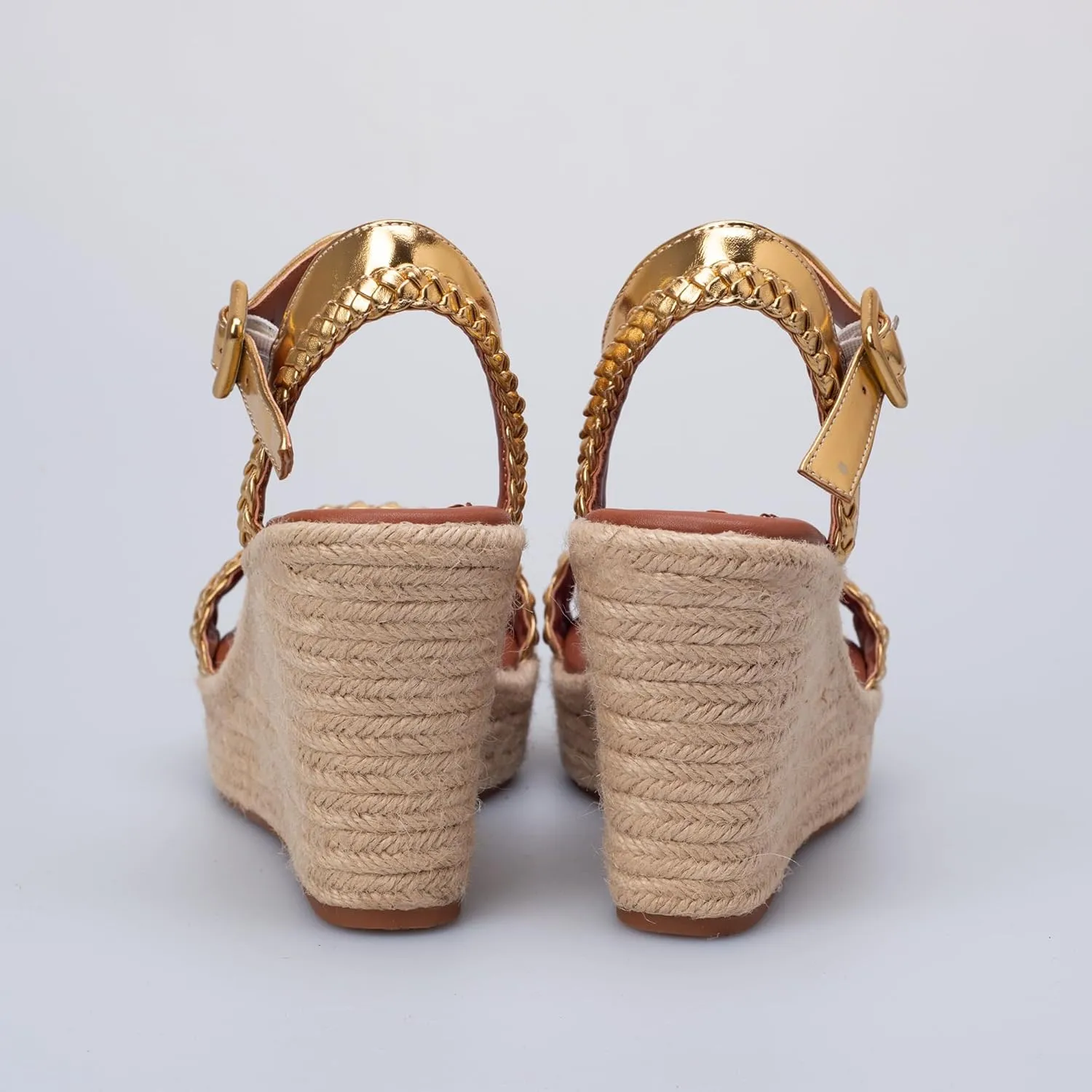 Women's Handwoven Raffia Wedge Sandals - Open-Toe High Heel Summer Shoes with Gold Accents