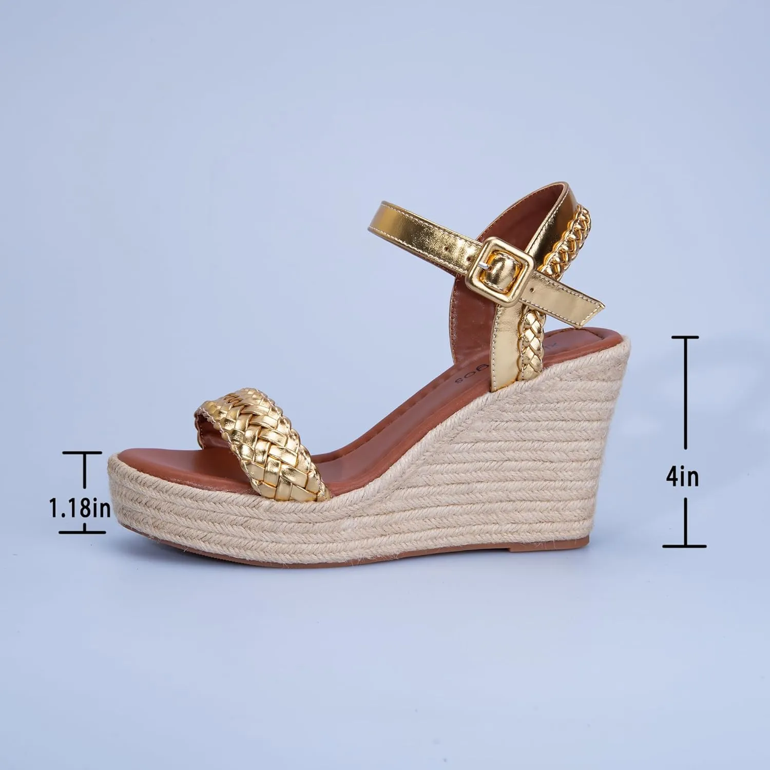 Women's Handwoven Raffia Wedge Sandals - Open-Toe High Heel Summer Shoes with Gold Accents