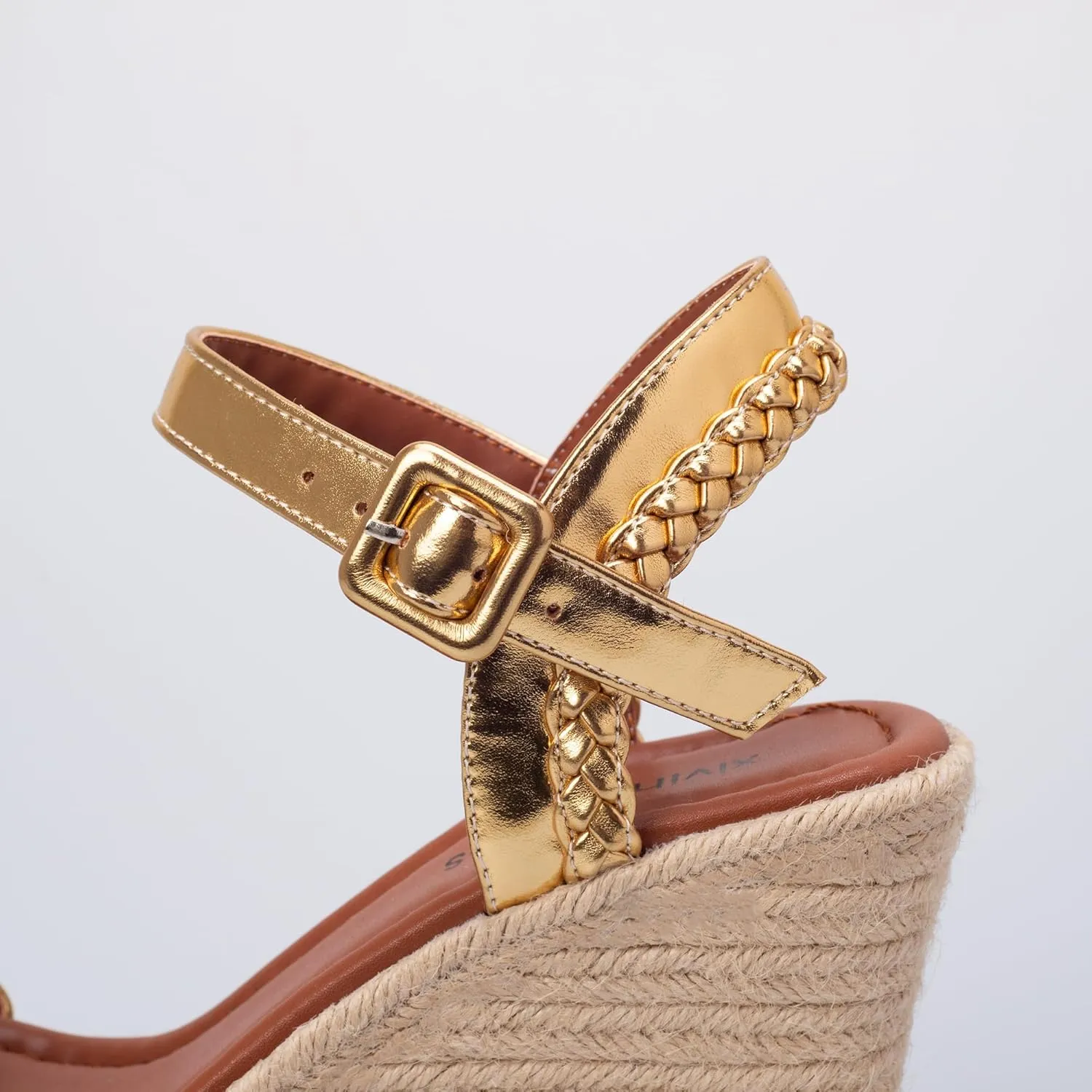 Women's Handwoven Raffia Wedge Sandals - Open-Toe High Heel Summer Shoes with Gold Accents
