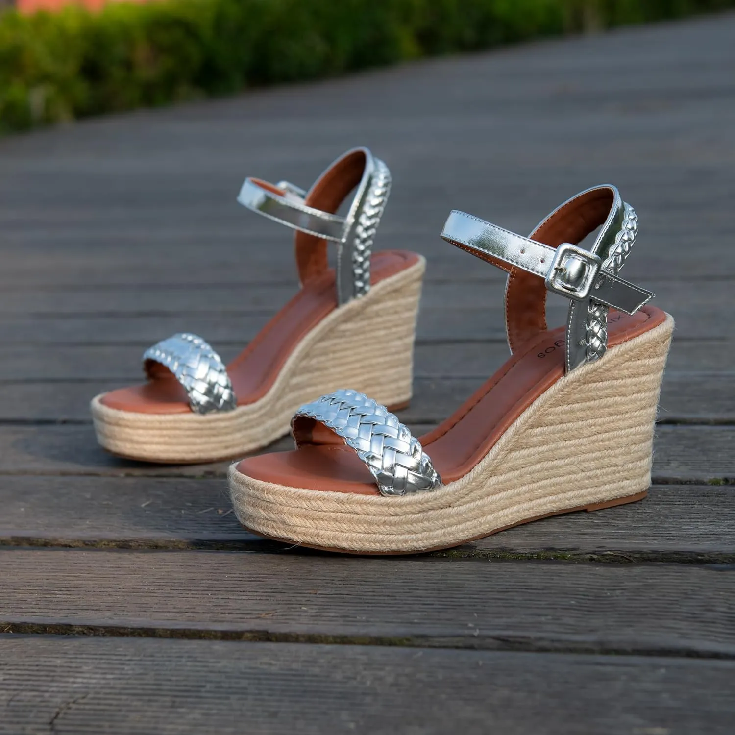 Women's Handwoven Raffia Wedge Sandals - Open-Toe High Heel Summer Shoes with Gold Accents