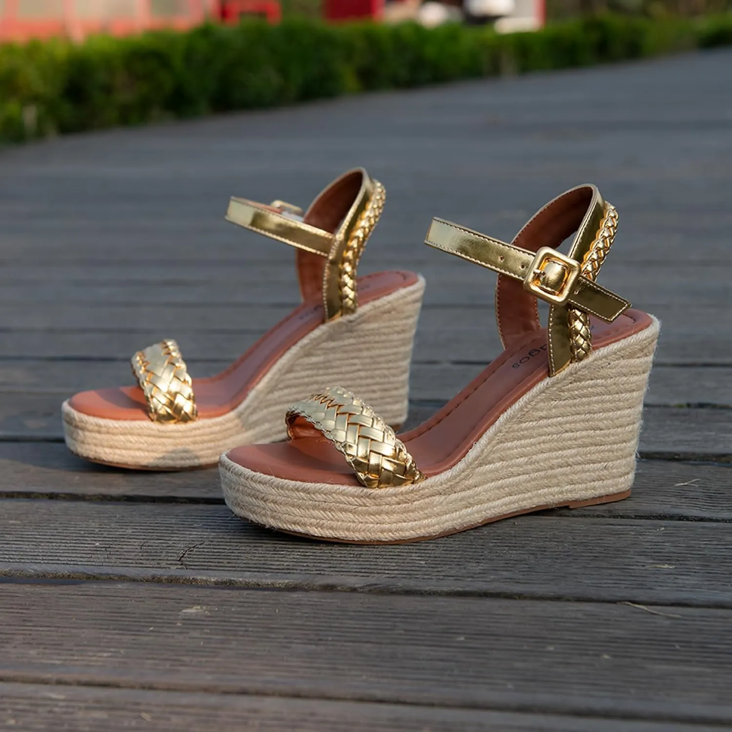 Women's Handwoven Raffia Wedge Sandals - Open-Toe High Heel Summer Shoes with Gold Accents