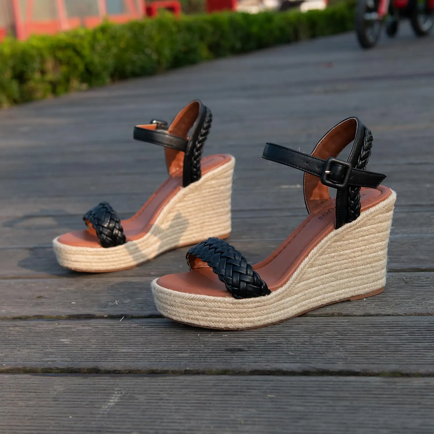 Women's Handwoven Raffia Wedge Sandals - Open-Toe High Heel Summer Shoes with Gold Accents