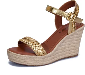 Women's Handwoven Raffia Wedge Sandals - Open-Toe High Heel Summer Shoes with Gold Accents