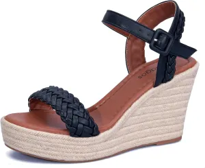Women's Handwoven Raffia Wedge Sandals - Open-Toe High Heel Summer Shoes with Gold Accents