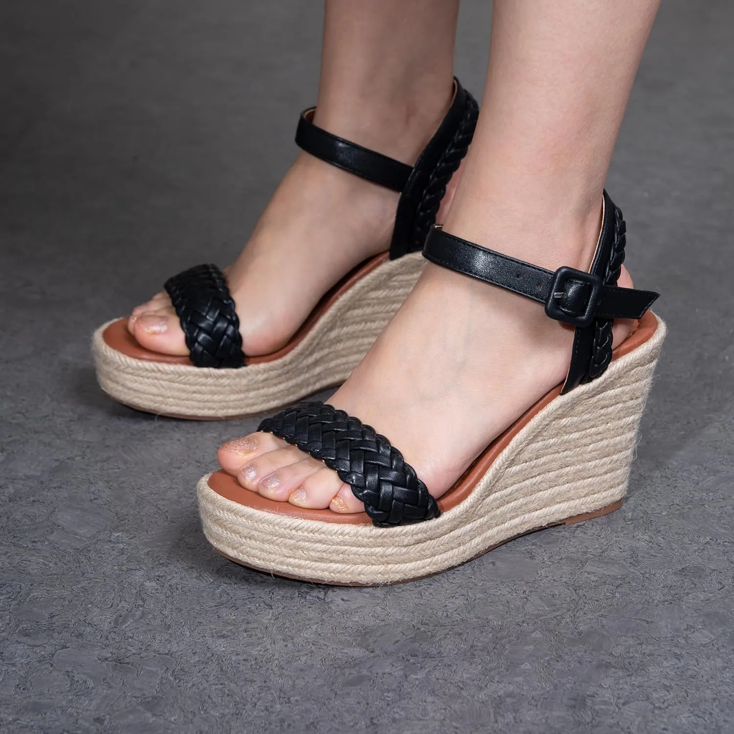 Women's Handwoven Raffia Wedge Sandals - Open-Toe High Heel Summer Shoes with Gold Accents