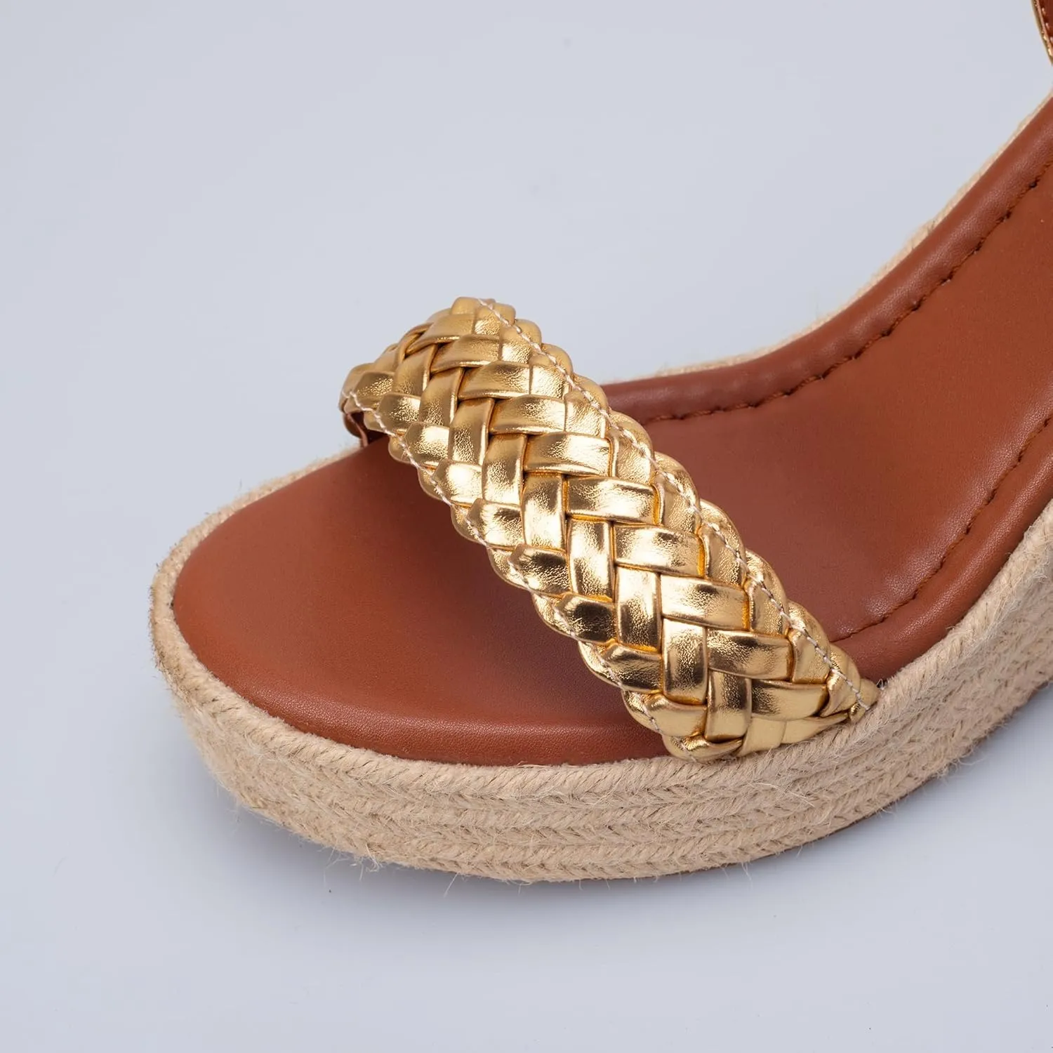 Women's Handwoven Raffia Wedge Sandals - Open-Toe High Heel Summer Shoes with Gold Accents