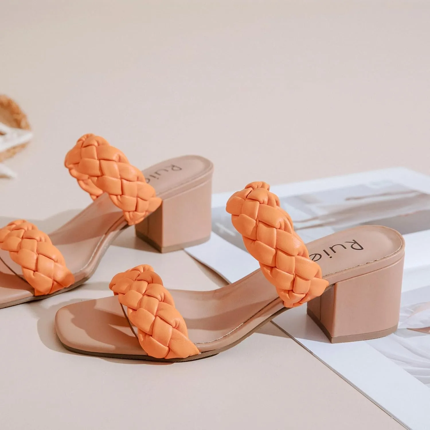 Women's Heels Braided Heeled Sandals, Squear Open Toe Slides Sandals Slip on Chunky Heel Sandals Dressy Summer Shoes for Women.
