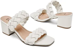 Women's Heels Braided Heeled Sandals, Squear Open Toe Slides Sandals Slip on Chunky Heel Sandals Dressy Summer Shoes for Women.