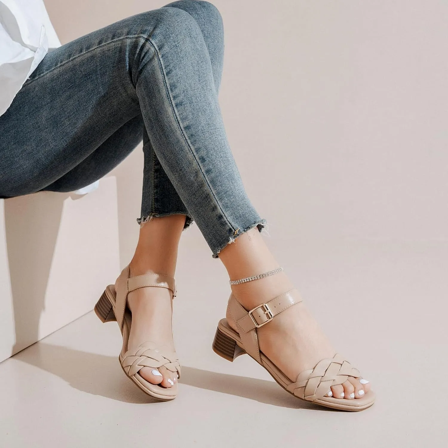 Women's Heels Chunky Heeled Sandals Bradied Low Block Pump Heel Ankle Strappy Dressy Sandals Square Open Toe Wedding Party Shoes for Women.