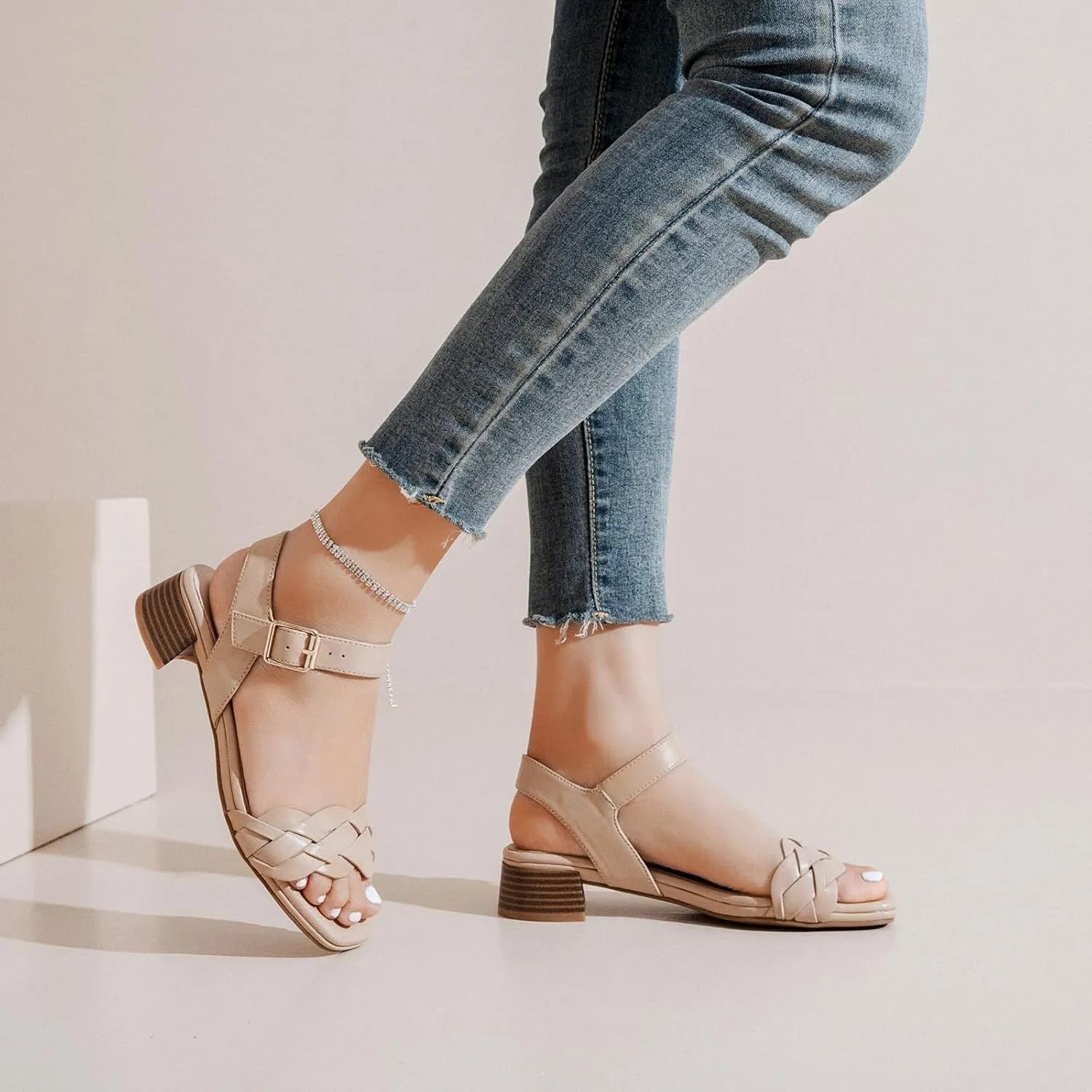 Women's Heels Chunky Heeled Sandals Bradied Low Block Pump Heel Ankle Strappy Dressy Sandals Square Open Toe Wedding Party Shoes for Women.