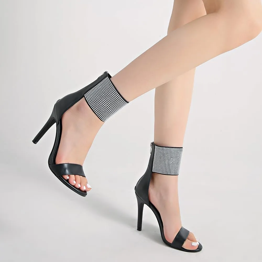 Women's High Heel Sandals Open Toe Ankle Tie Dressy Heeled Sandals for Prom, Party, Evening Events, 3.93 Inch Comfortable Thin Block Heels