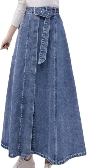Women's High Waist A-Line Denim Maxi Skirt with Asymmetrical Belt Casual Vintage Long Jean Skirt