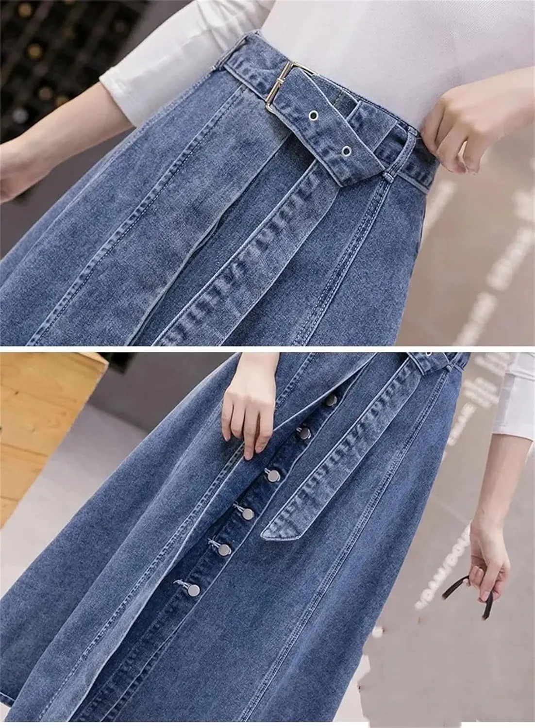Women's High Waist A-Line Denim Maxi Skirt with Asymmetrical Belt Casual Vintage Long Jean Skirt