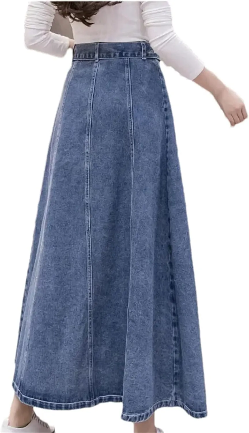 Women's High Waist A-Line Denim Maxi Skirt with Asymmetrical Belt Casual Vintage Long Jean Skirt