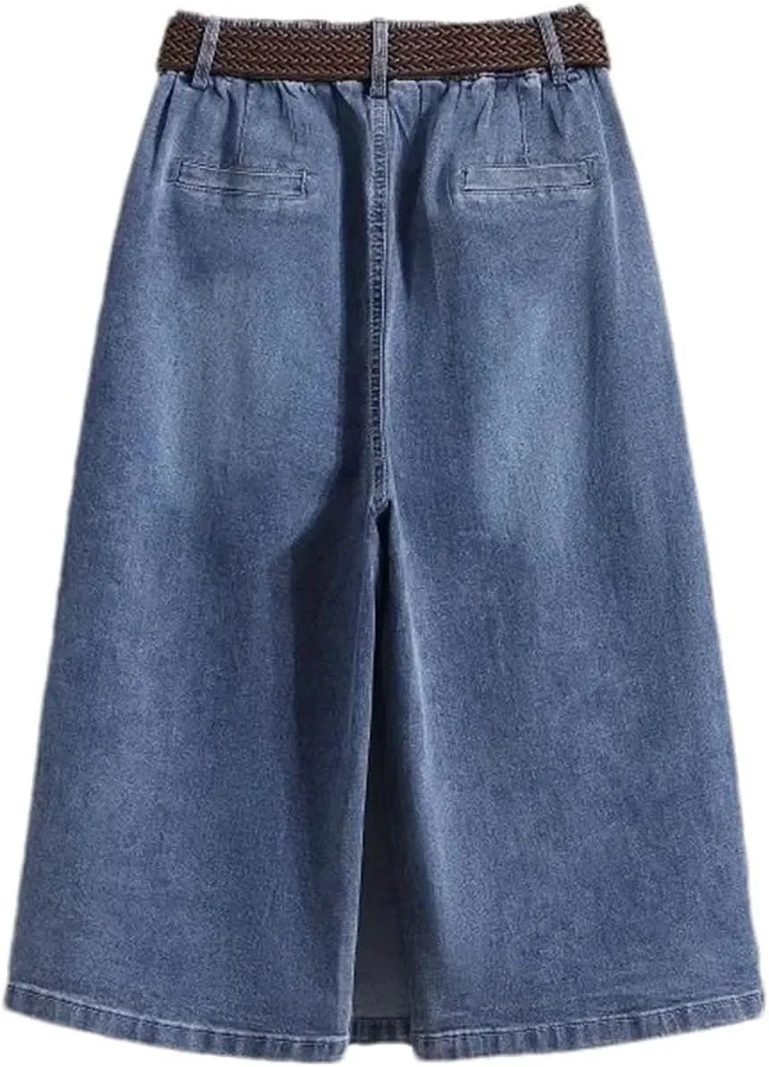 Women's High Waist Slim Fit Denim Skirt Spring Summer Vintage Side Slit A-Line Midi Dress