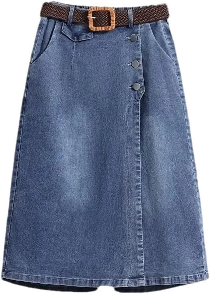 Women's High Waist Slim Fit Denim Skirt Spring Summer Vintage Side Slit A-Line Midi Dress