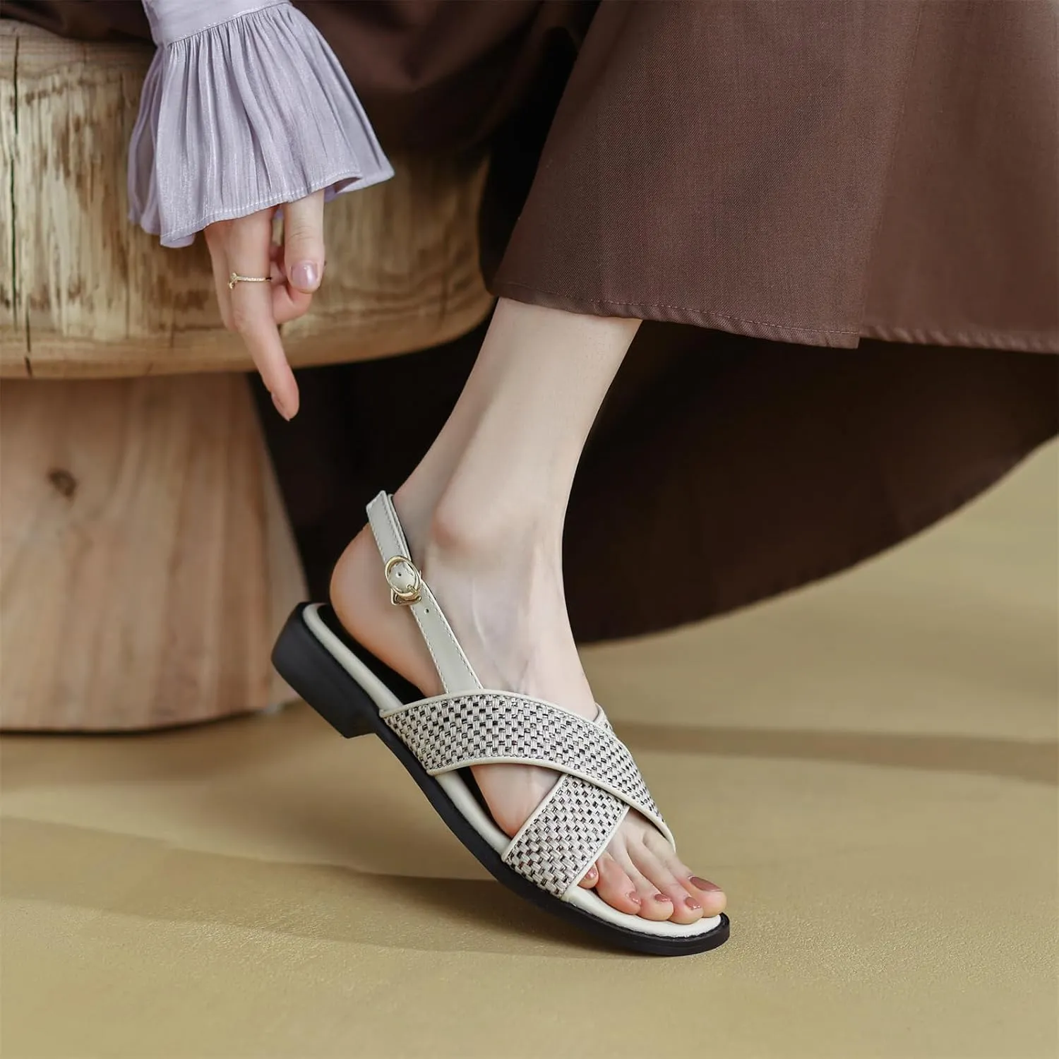 Women's Hollow Woven Fisherman Sandals Pull-On Summer Fashion Adjustable Buckle Slingback Cross Strap Rome Flats Comfortable Low Chunky Heel Casual Dress Shopping Daily Wear Shoes