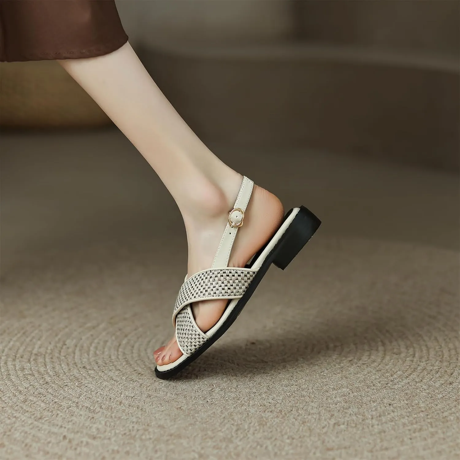 Women's Hollow Woven Fisherman Sandals Pull-On Summer Fashion Adjustable Buckle Slingback Cross Strap Rome Flats Comfortable Low Chunky Heel Casual Dress Shopping Daily Wear Shoes