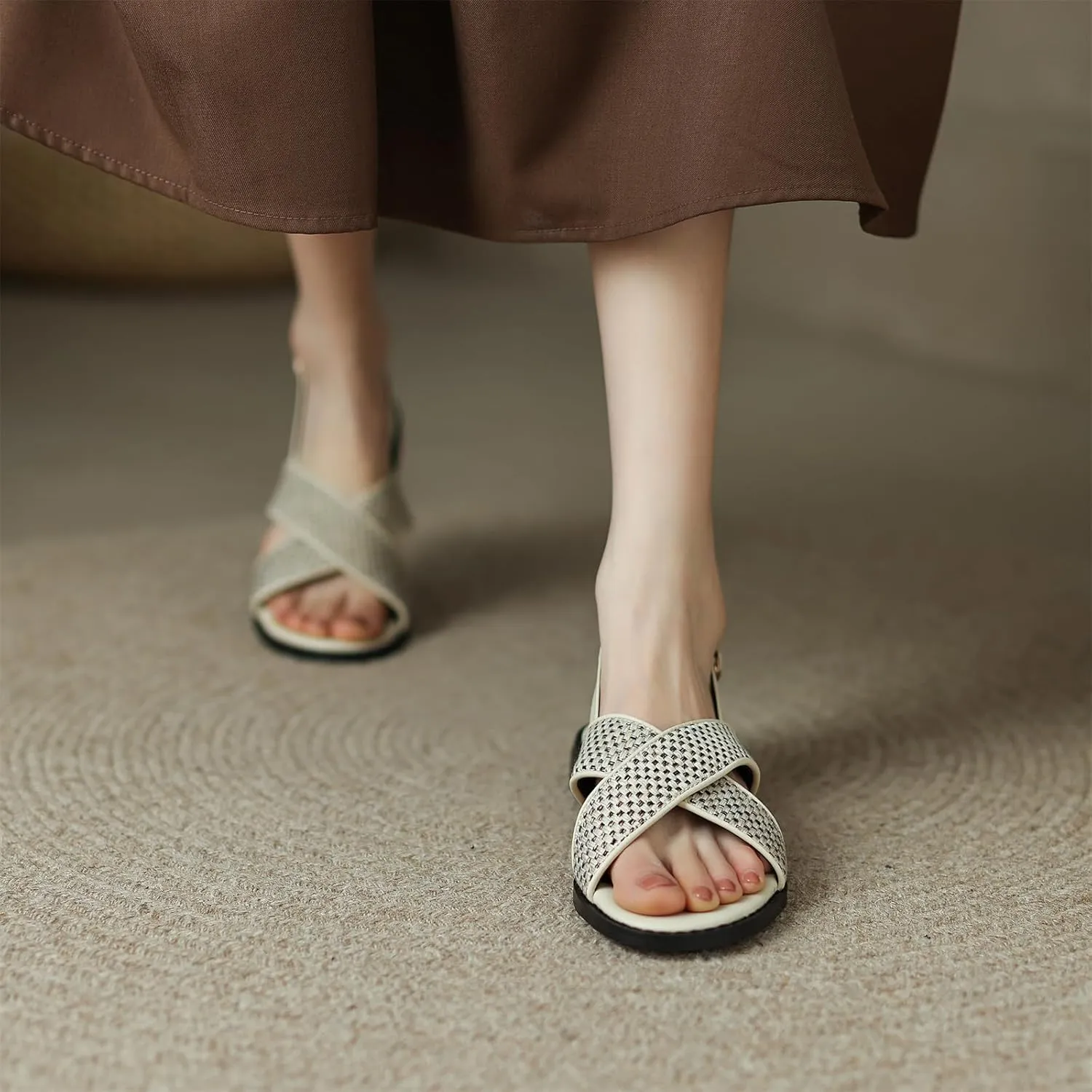 Women's Hollow Woven Fisherman Sandals Pull-On Summer Fashion Adjustable Buckle Slingback Cross Strap Rome Flats Comfortable Low Chunky Heel Casual Dress Shopping Daily Wear Shoes