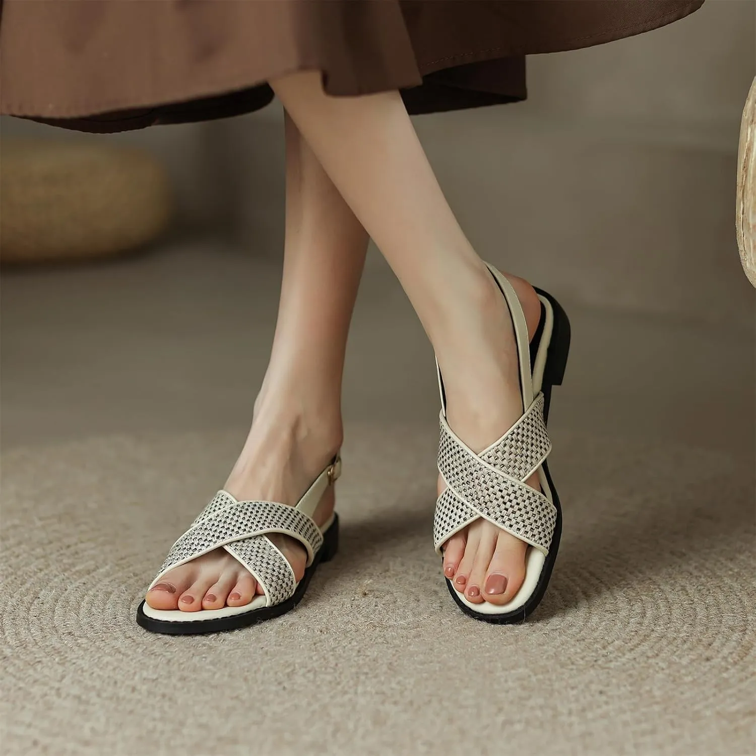 Women's Hollow Woven Fisherman Sandals Pull-On Summer Fashion Adjustable Buckle Slingback Cross Strap Rome Flats Comfortable Low Chunky Heel Casual Dress Shopping Daily Wear Shoes