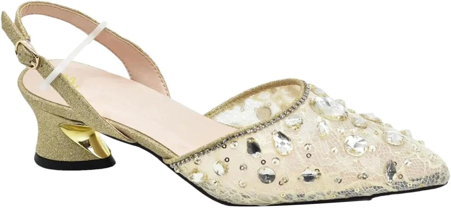 Women's Italian Mid-Heel Party Set - Rhinestone-Embellished Pumps & Matching Evening Bag