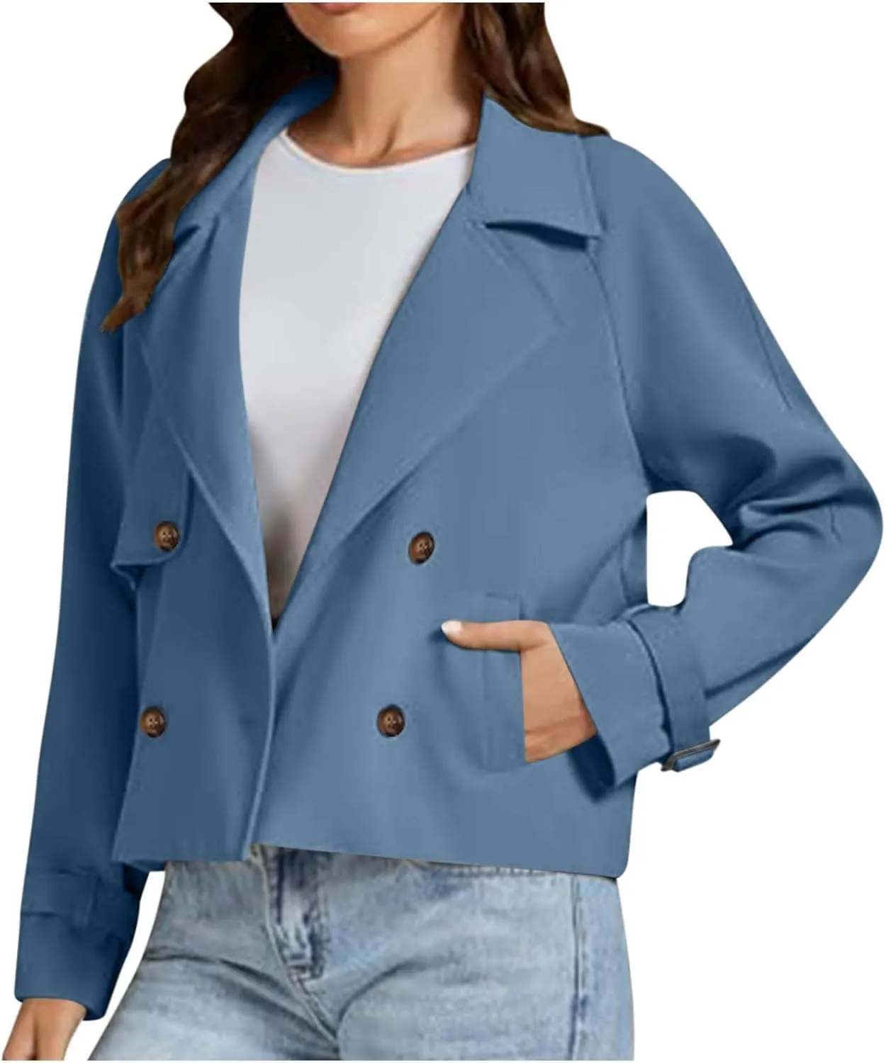 Womens Long Sleeve Crop Trench Coat Lapel Double Breasted Loose Casual Jacket with Pockets Classic Elegant Coats