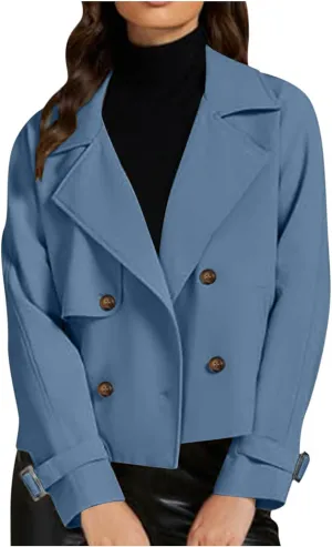 Womens Long Sleeve Crop Trench Coat Lapel Double Breasted Loose Casual Jacket with Pockets Classic Elegant Coats