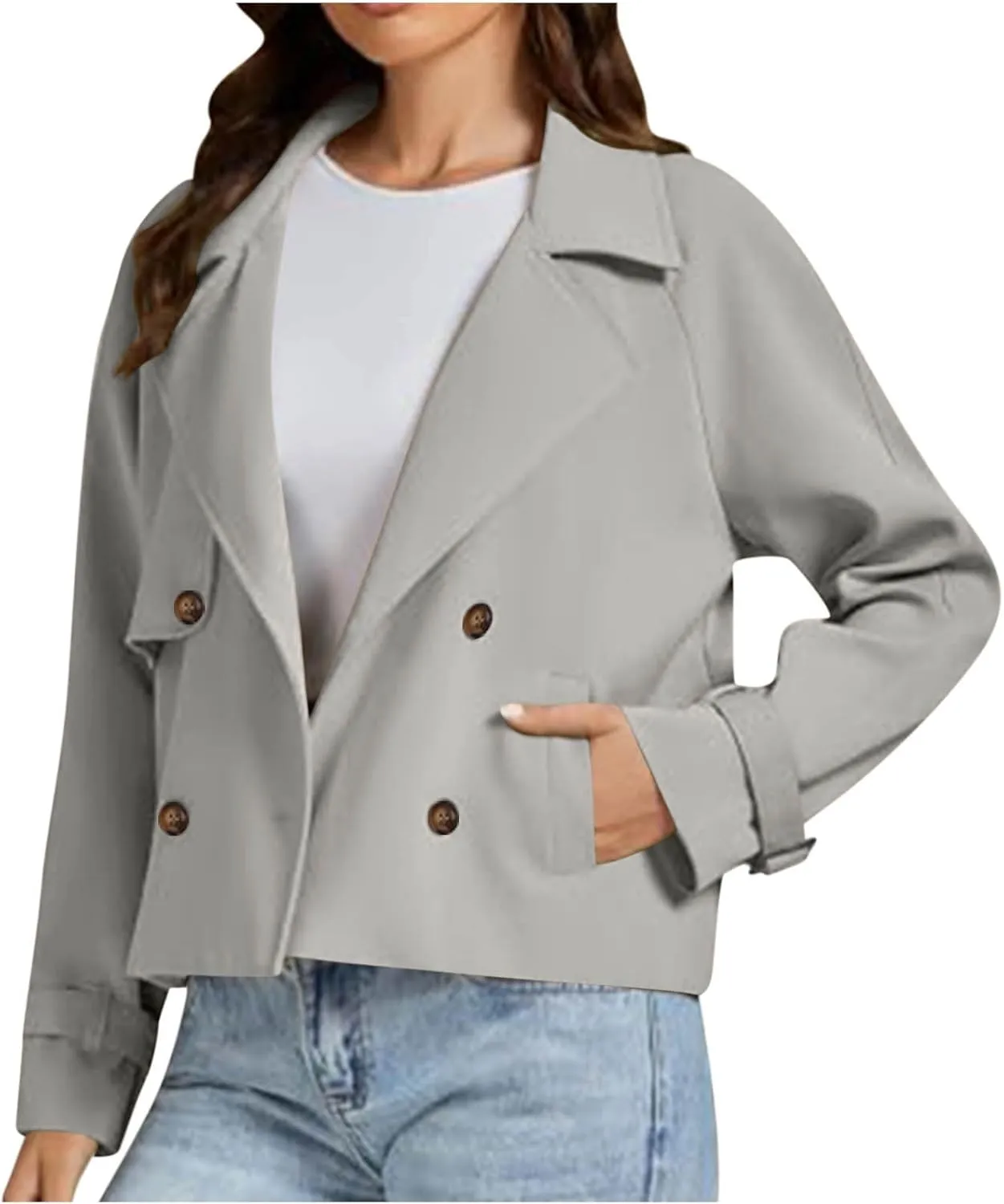 Womens Long Sleeve Crop Trench Coat Lapel Double Breasted Loose Casual Jacket with Pockets Classic Elegant Coats
