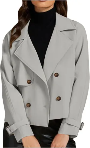 Womens Long Sleeve Crop Trench Coat Lapel Double Breasted Loose Casual Jacket with Pockets Classic Elegant Coats