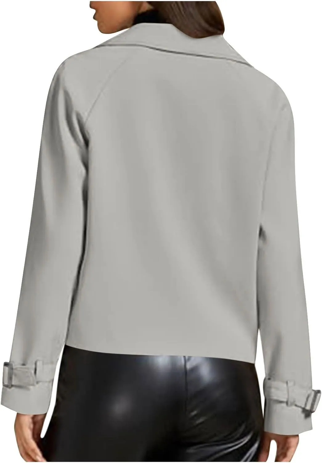 Womens Long Sleeve Crop Trench Coat Lapel Double Breasted Loose Casual Jacket with Pockets Classic Elegant Coats