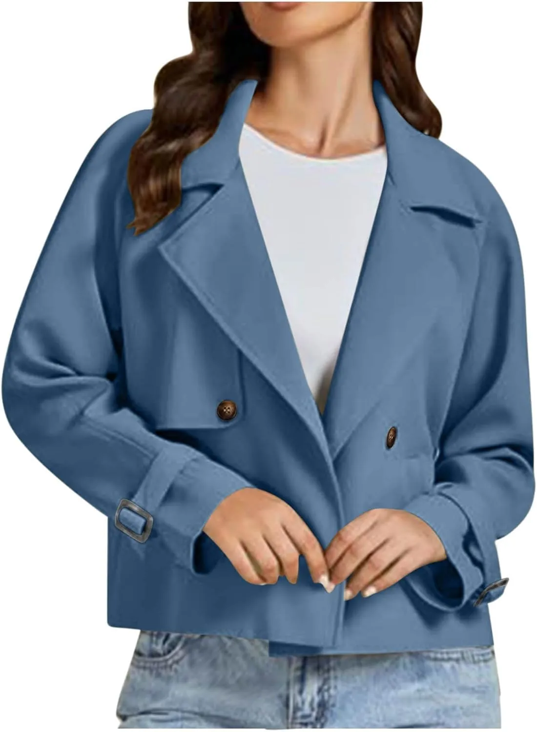 Womens Long Sleeve Crop Trench Coat Lapel Double Breasted Loose Casual Jacket with Pockets Classic Elegant Coats