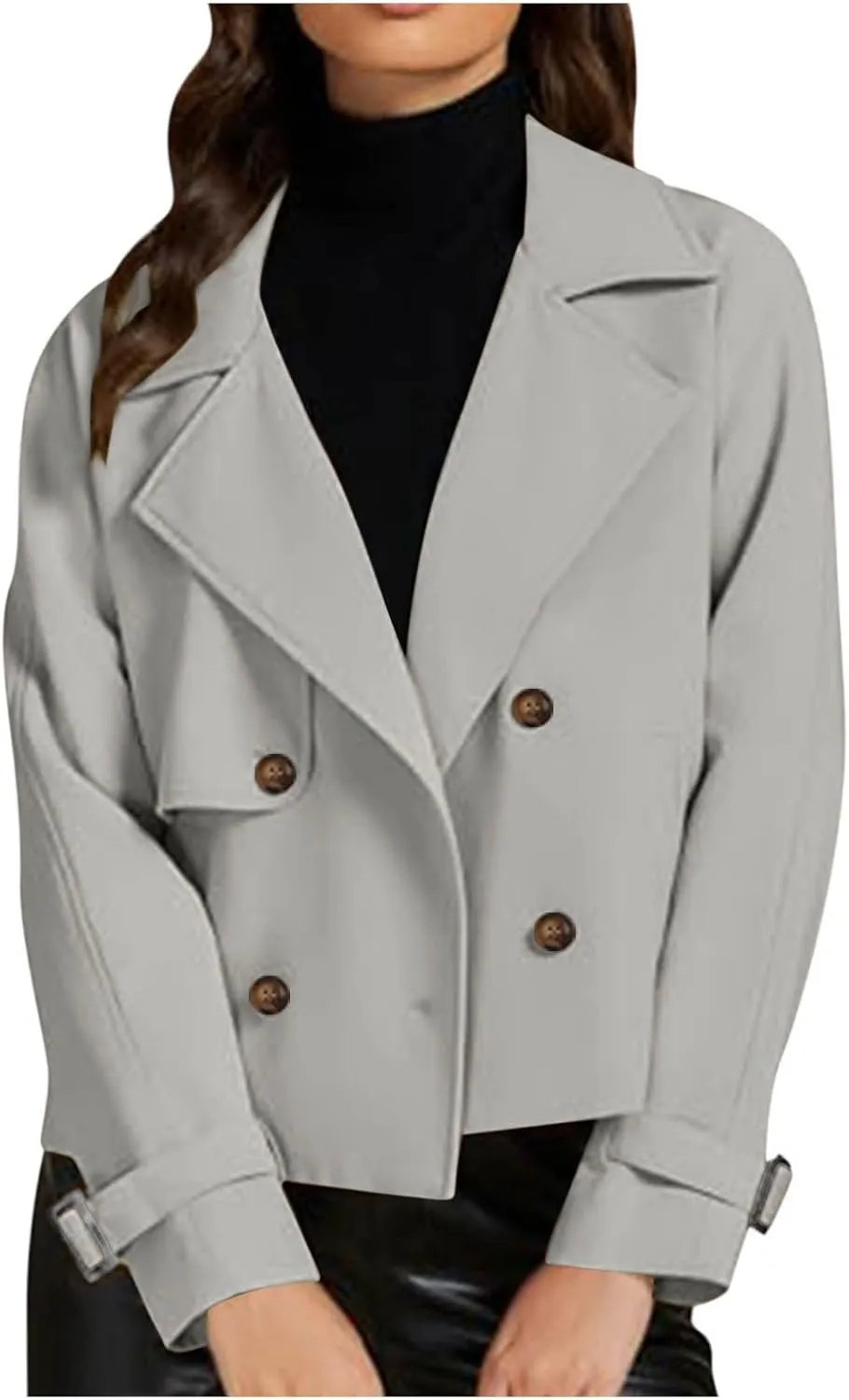 Womens Long Sleeve Crop Trench Coat Lapel Double Breasted Loose Casual Jacket with Pockets Classic Elegant Coats