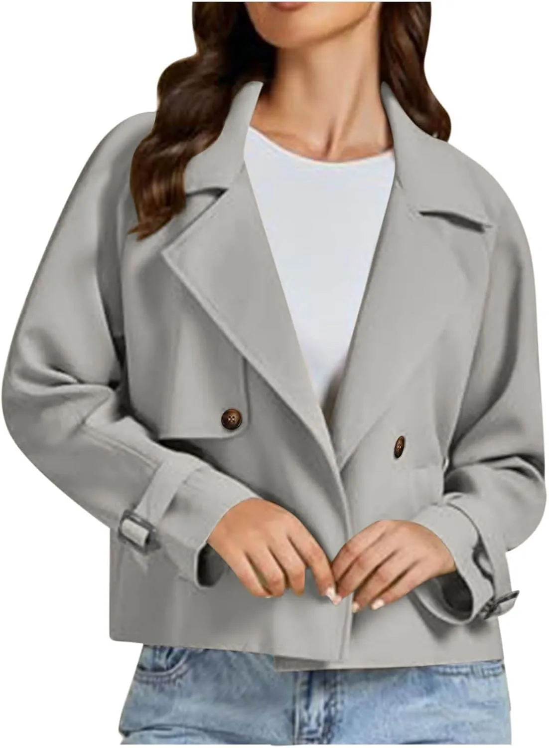 Womens Long Sleeve Crop Trench Coat Lapel Double Breasted Loose Casual Jacket with Pockets Classic Elegant Coats