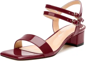 Women's Low Heel Sandals - Open Square Toe with Adjustable Ankle Strap, Solid Color Casual Heeled Sandals for Work & Daily Outings