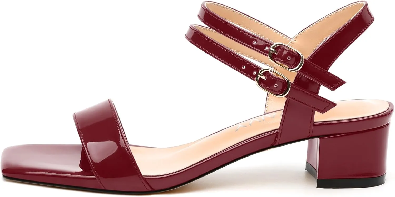 Women's Low Heel Sandals - Open Square Toe with Adjustable Ankle Strap, Solid Color Casual Heeled Sandals for Work & Daily Outings